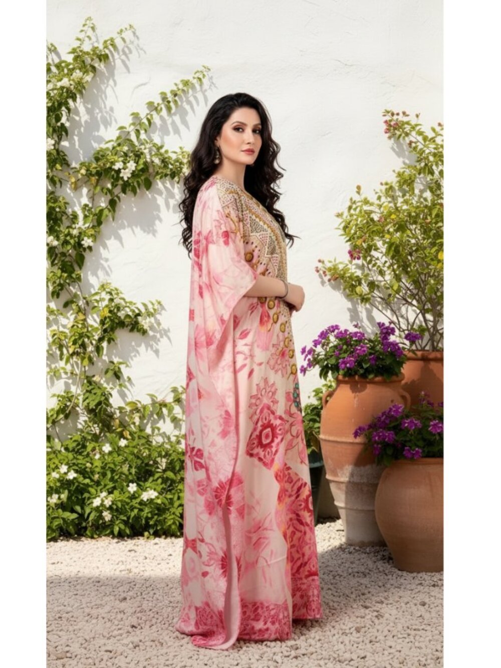 Gypsie Blu Woman Pink Floral Satin Silk Kaftan Elegant Plus Size Resort Wear